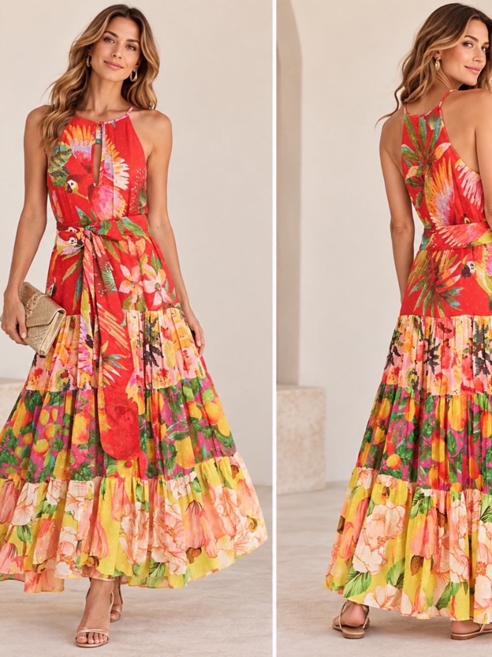 FARM Rio Macaw Tiered Midi Tropical Print Halter Dress – Size Medium